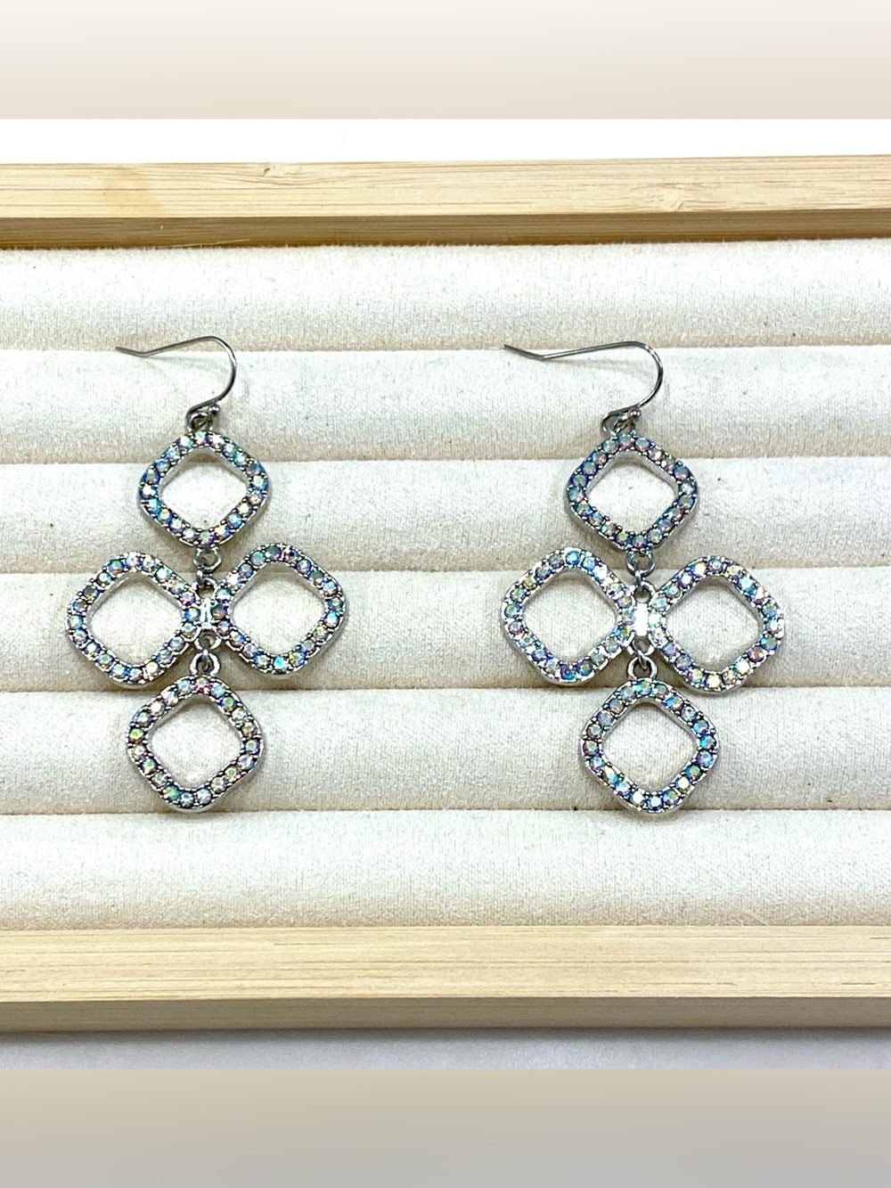 Silver Iridescent AB Rhinestone Geometric Rhombus Dangle Chandelier Earrings